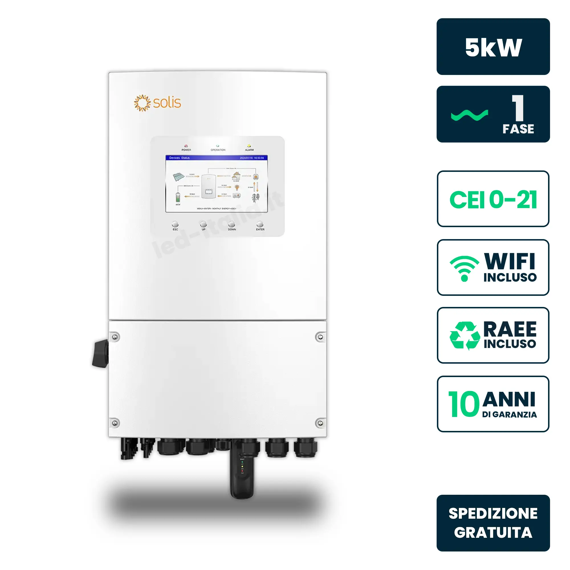 Inverter Ibrido Monofase LV Solis 5kW WiFi CEI 0-21 Bianco IP66