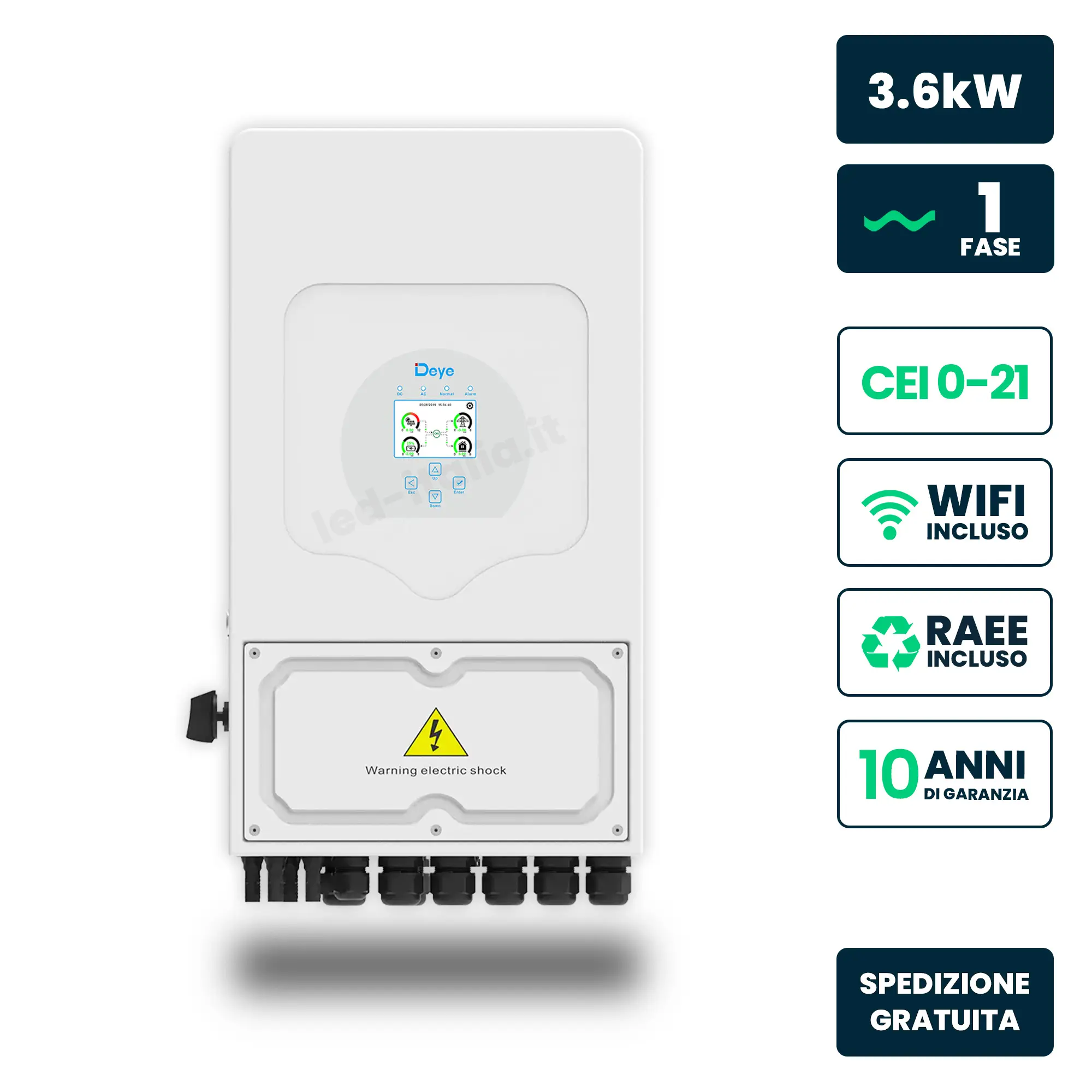 Inverter Ibrido Monofase LV Deye 3.6kW WiFi CEI 0-21 Bianco IP65