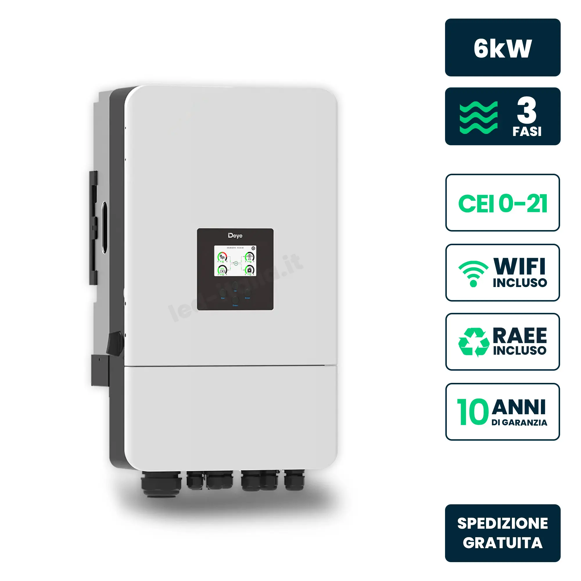 Inverter Ibrido Trifase LV Deye 6kW WiFi CEI 0-21 Bianco IP65