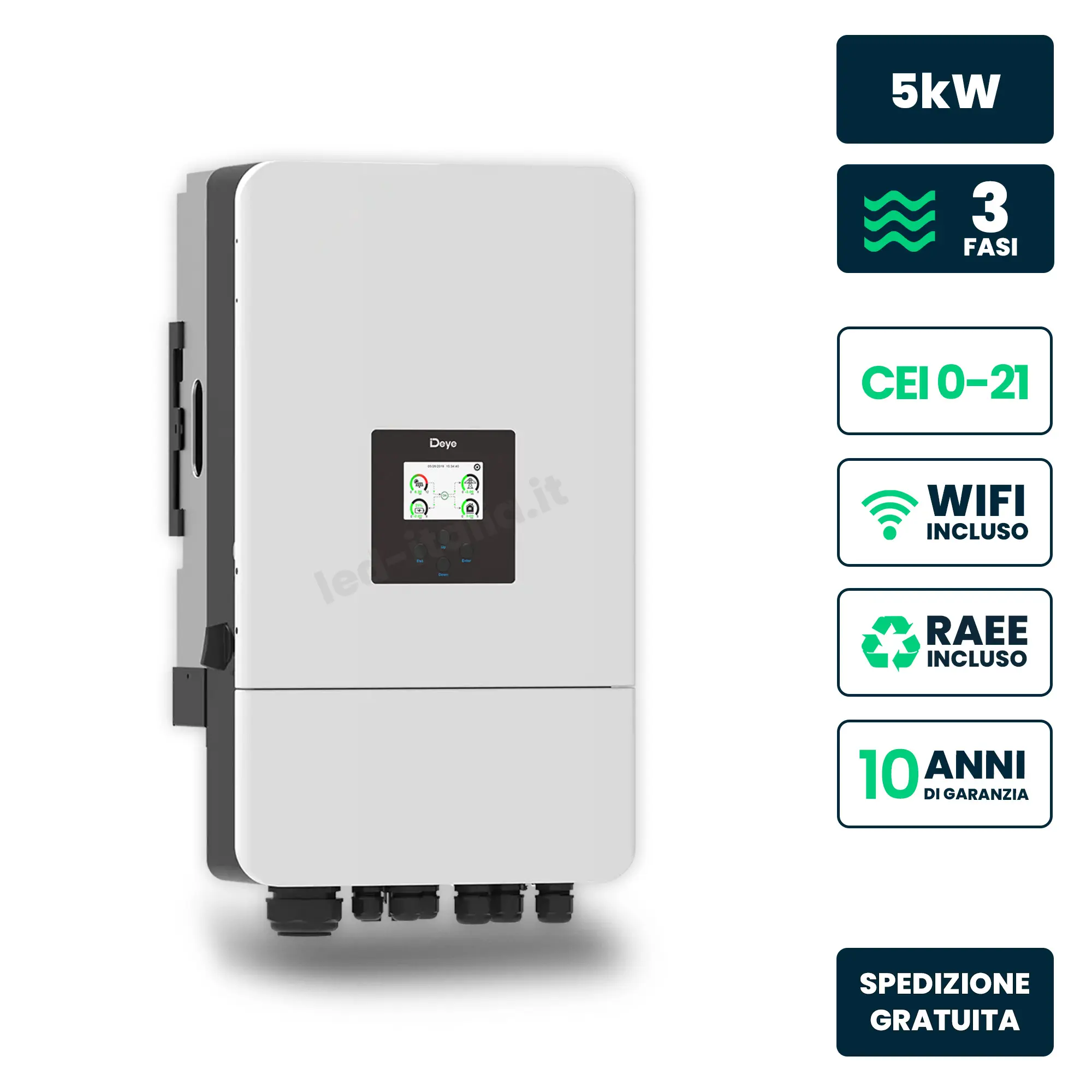 Inverter Ibrido Trifase LV Deye 5kW WiFi CEI 0-21 Bianco IP65