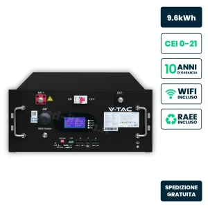 Batteria Accumulo Rack LV 9.6kWh LFP 48V 200Ah 100A BMS Nera CEI 0-21