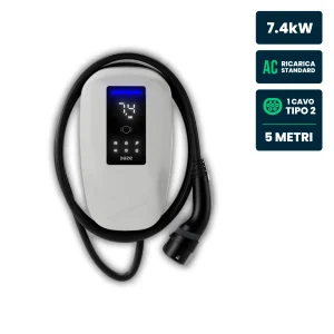 Stazione di Ricarica Dazebox Home T 7.4kW Monofase 32A, IP55 IK10, WiFi e Bluetooth, Wall Box Bianco con Schermo, 3 Tessere RFID Incluse, Cavo Tipo 2 Lunghezza 5m